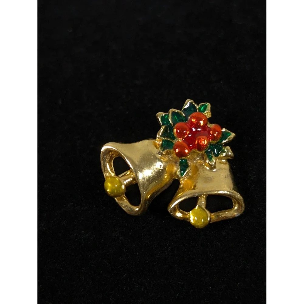 Vintage Double Bell‎ Christmas Brooch Gold Tone Holly Holiday Pin